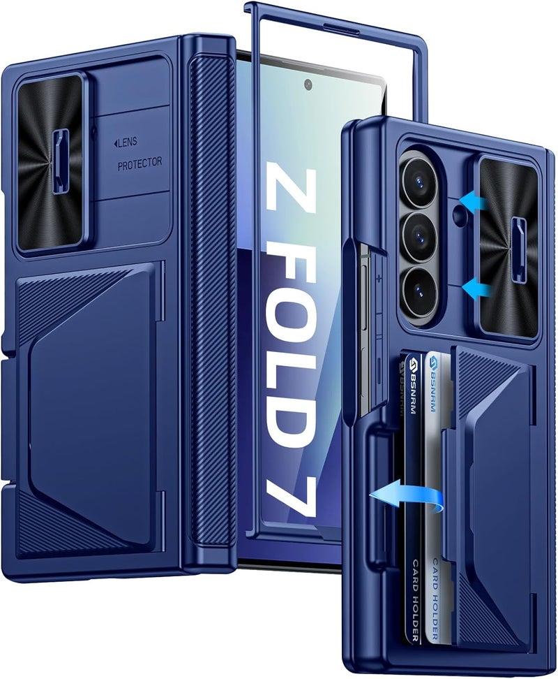 BSNRM for Samsung Galaxy Z Fold 7 Case with Card Holder RFID Blocking, Built in Slide Lens Cover & Hinge Protection & Screen Protector, Shockproof Wallet Case for Z Fold 7 (Sapphire Blue) - Image 1